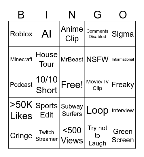 Shorts Bingo Card