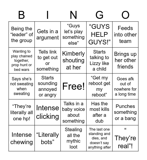 Fortnite with bella Bingo Card