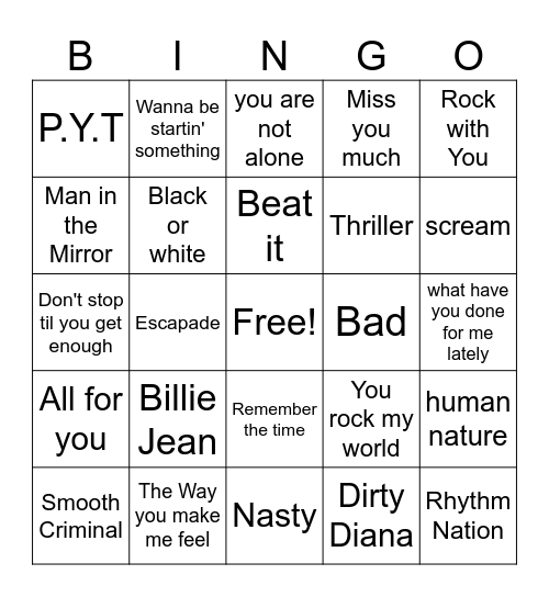 All Songs Jackson Bingo Card