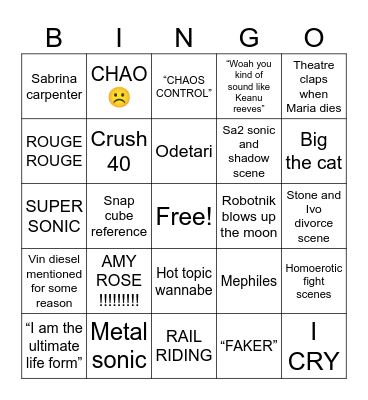 Sonic 3 bingo Card