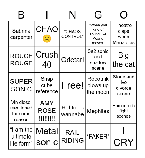 Sonic 3 bingo Card