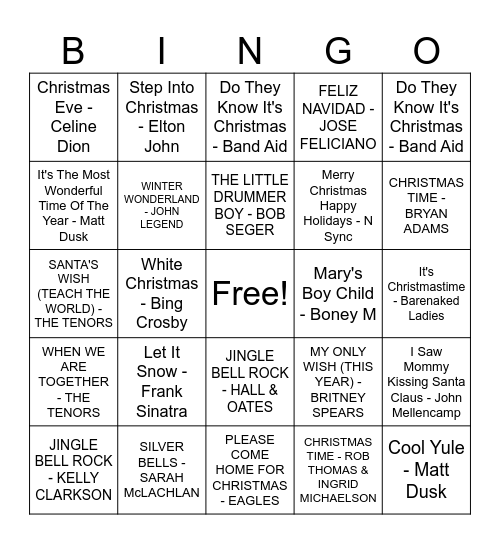 Christmas Music Bingo Card
