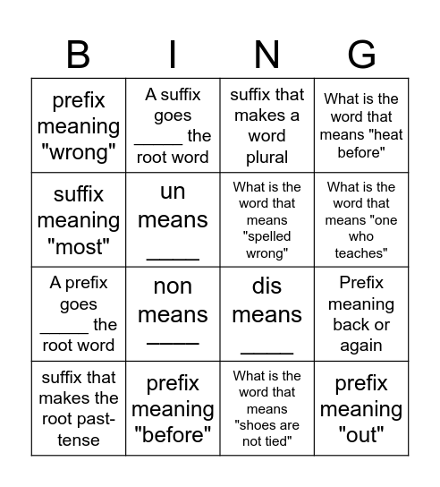 Prefix and Suffix Bingo Card