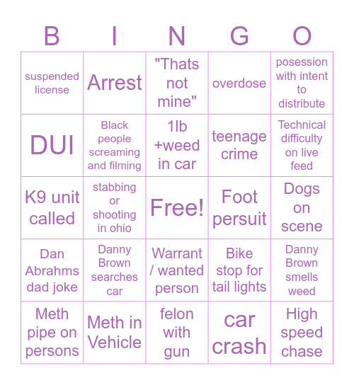 COPS ON PATROL LIVE Bingo Card