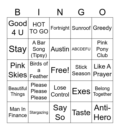 Music Bingo: TikTok/YouTube Famous Bingo Card