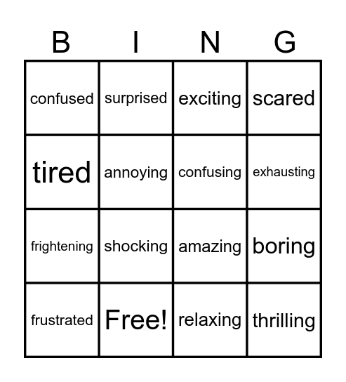 Adjectives Ending in -ed and -ing Bingo Card