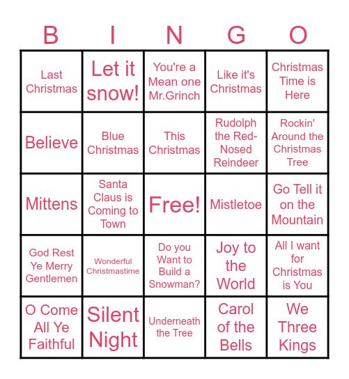 Christmas Carol Bingo Card