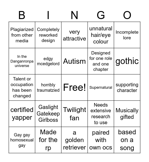Slushie OC Bingo Card