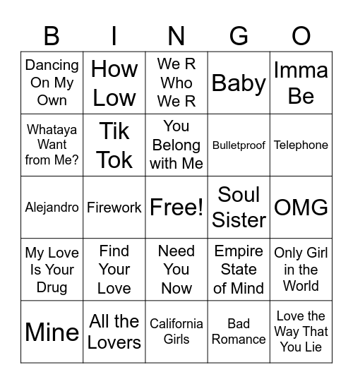 Song of 2010 Bingo Card