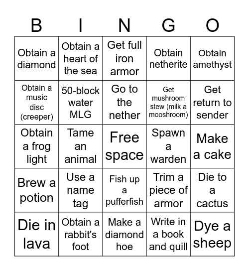 Minecraft Bingo Card