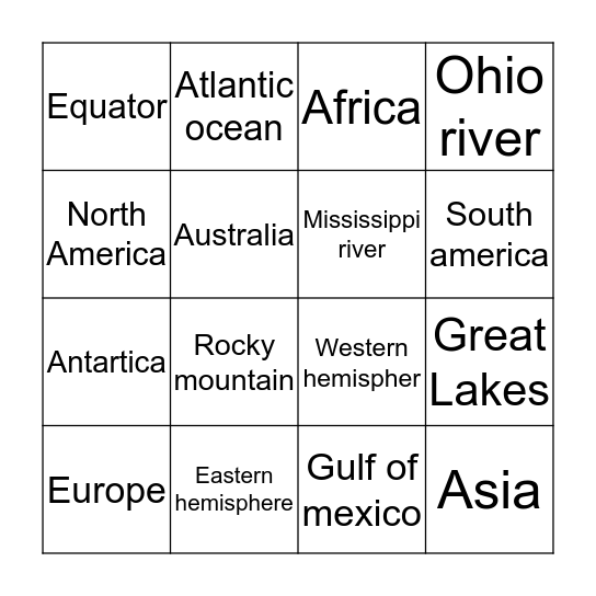 Geography bingo Card