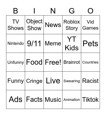 Youtube Shorts Bingo Card