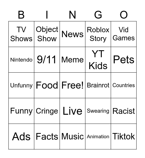 Youtube Shorts Bingo Card