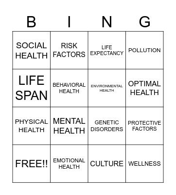 INTRO TO HEALTH Bingo Card