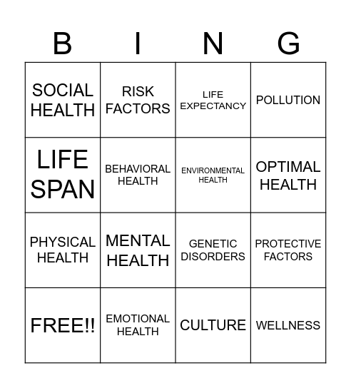 INTRO TO HEALTH Bingo Card