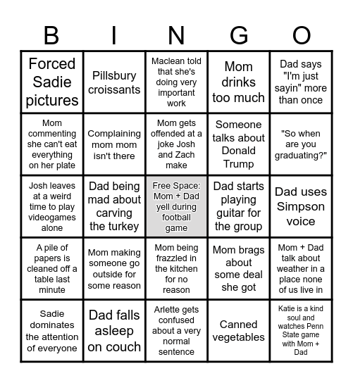 Savage Thanksgiving Bingo Card