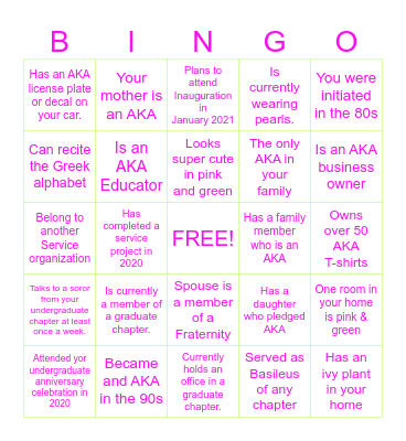 ALPHA KAPPA ALPHA SORORITY Bingo Card