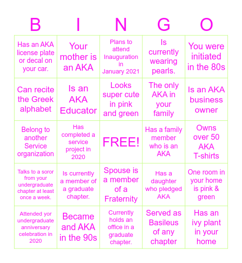 ALPHA KAPPA ALPHA SORORITY Bingo Card