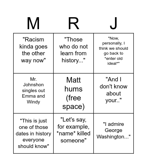 Johnson core Bingo Card