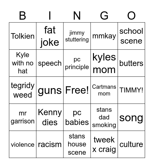 south park Bingo Card