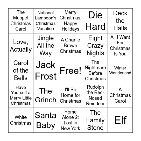 Holiday Movie & Music BINGO Card