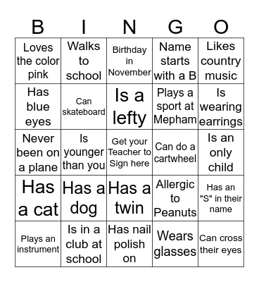 Classmate Bingo Card