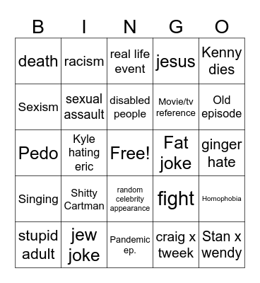 South Park bingo Card