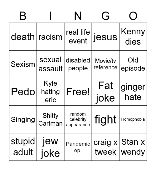 South Park bingo Card