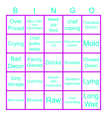 Kitchen Nightmares Bingo Card