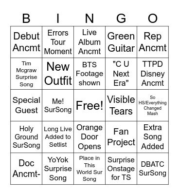 Last Eras Shows Bingo Card