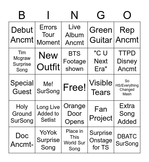 Last Eras Shows Bingo Card