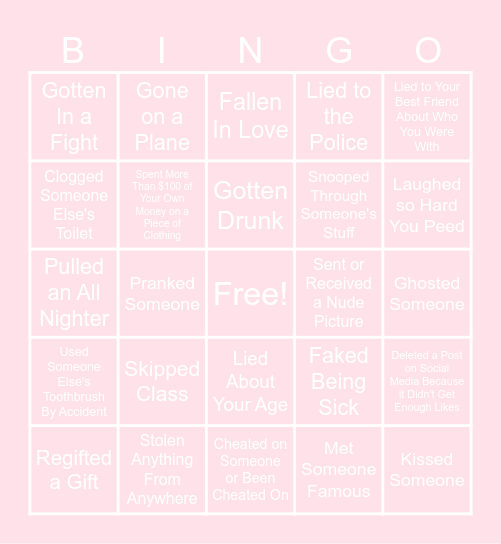 Never Have I Ever Bingo Card