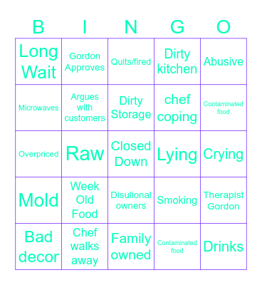 Kitchen Nightmares Bingo Card