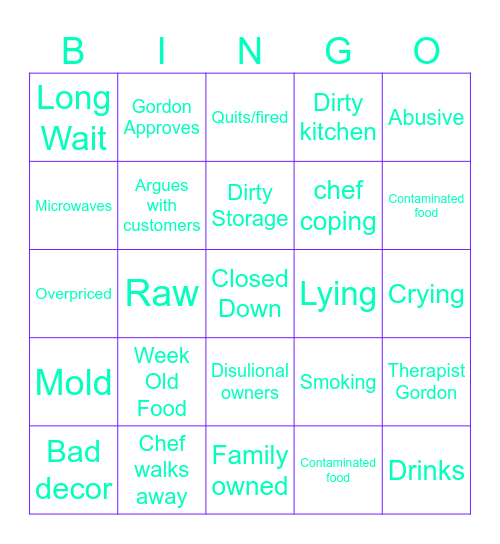 Kitchen Nightmares Bingo Card