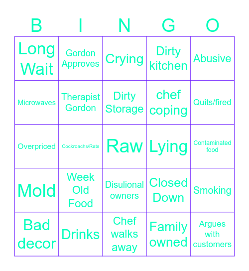 Kitchen Nightmares Bingo Card