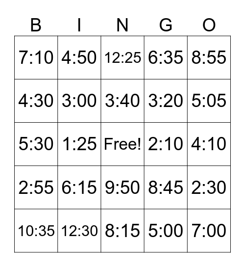 Telling Time Bingo Card