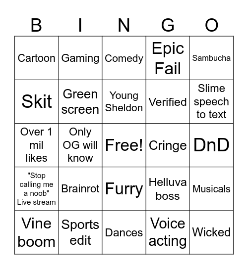 Youtube Bingo Card
