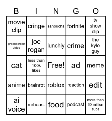 YT Shorts Bingo Card