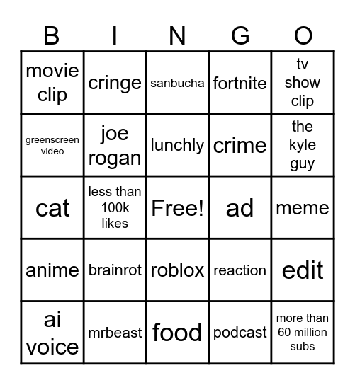 YT Shorts Bingo Card