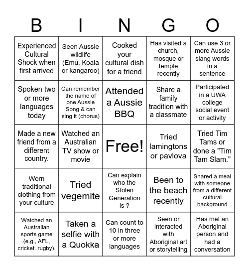 CULTURAL BINGO Card