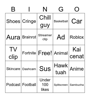 YouTube shorts Bingo Card
