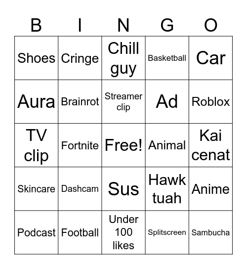 YouTube shorts Bingo Card