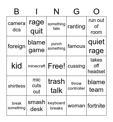 gamer rage Bingo Card