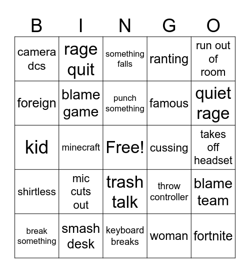 gamer rage Bingo Card