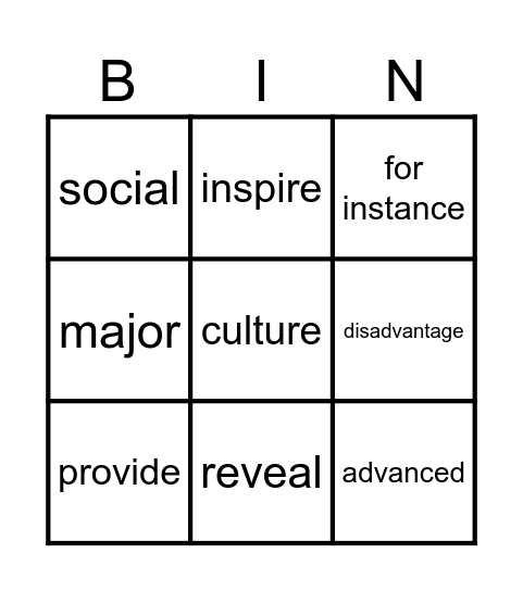 Vocabulary Game Bingo Card