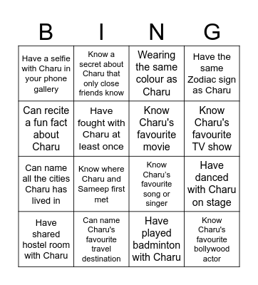 The Charu's Bachelorette Bingi Bingo Card