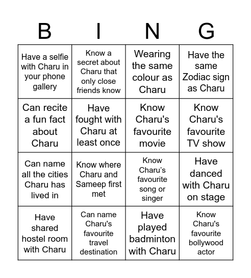 The Charu's Bachelorette Bingi Bingo Card