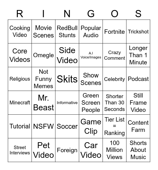 Youtube Shorts Bingo Card