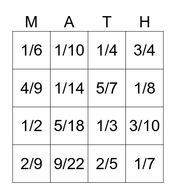 Multiplying Fractions Bingo Card