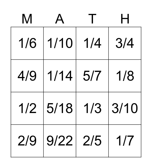 Multiplying Fractions Bingo Card